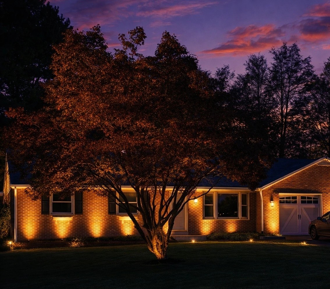 Landscape lighting — uplighting on trees and home facade after dark